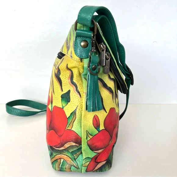 ANUSCHKA Multicolor Hand Painted Leather Wallet w Shoulder Bag Crossbody Satchel - Picture 4 of 16